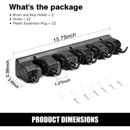 IMILLET 2 Pack Mop and Broom Holder, Wall Mounted Organizer Mop and Broom Storage Tool Rack with 5 Ball Slots and 6 Hooks (Black)