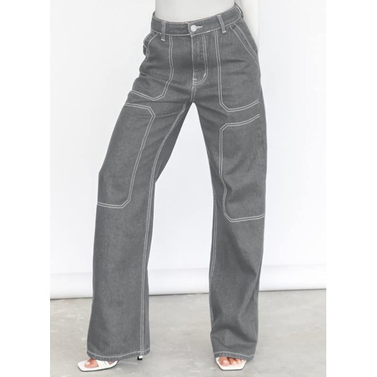Dokotoo Women's Casual Mid Waist Cargo Jeans Stretch Button Wide Leg Denim Pants with Pockets Dokotoo Women's Casual Mid Waist Cargo Jeans Stretch Button Wide Leg Denim Pants with Pockets