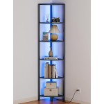 Furnulem 6 Tier Corner Shelf with LED Light, 67.5” Tall Standing Shelf Organizer, Black Narrow Bookshelf with Storage Rack for Wall Corner, Living Room, Bedroom, Metal Frame, Wood Display Shelf