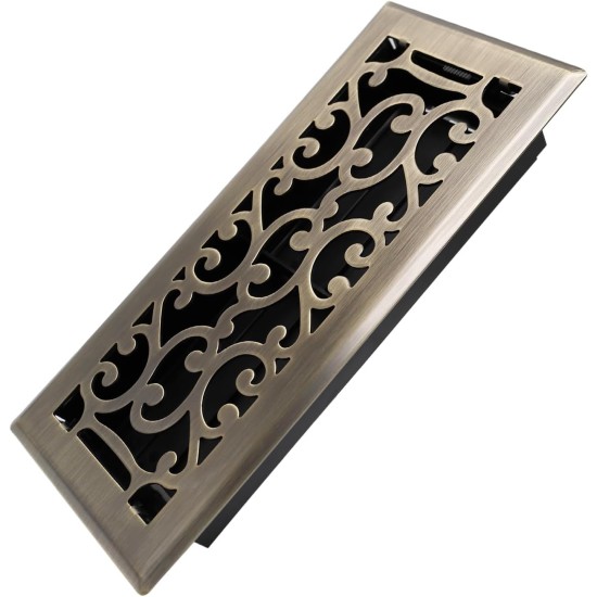 4x10 Inches Heavy Duty Walkable Floor Register - Easy Adjust Air Supply Lever Decorative Floor Vent Covers - Savannah Design Vent Covers for Home - Antique Brass