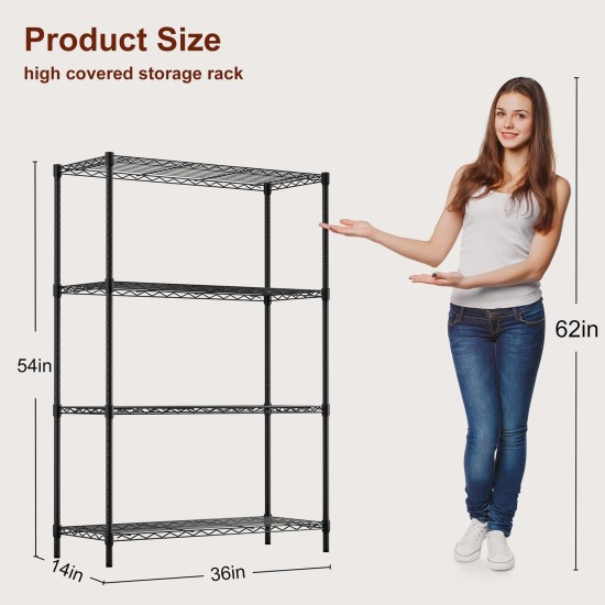 BestOffice | 4-Tier Wire Storage Shelves | 36x14x54 | Black | with Adjustable Racks | Heavy-Duty Metal Shelf, Holds Upto 1000 lbs | No-Tool Assembly | Ideal for Home & Garage Shelving