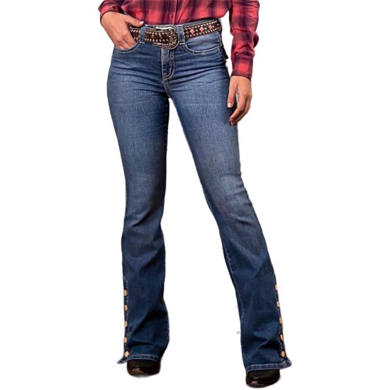 Flamingals Women's Buttoned Hem Bootcut Jeans Without Belt Mid Waist Casual Pants Navy Blue Flamingals Women's Buttoned Hem Bootcut Jeans Without Belt Mid Waist Casual Pants Navy Blue