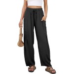 Duyang Women Linen Wide Leg Pants Casual Summer Palazzo Pants Beach Vacation Outfits Flowy Loose Trousers with Pockets