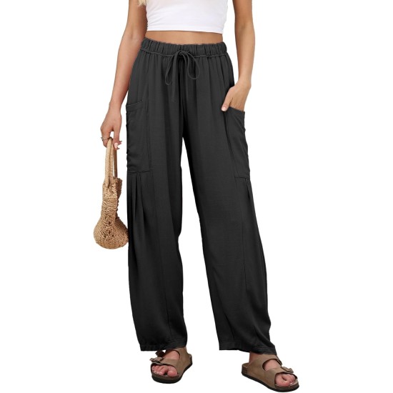 Duyang Women Linen Wide Leg Pants Casual Summer Palazzo Pants Beach Vacation Outfits Flowy Loose Trousers with Pockets