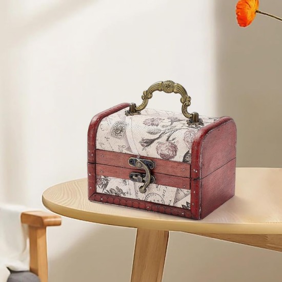 Retro Small Wooden Pirate Keepsake Box Vintage Treasure Chest Mini European Decorative PU Leather Jewelry Stroage Cases with Handle for Jewelry Pearl Trinkets Birthday Gifts