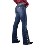 Flamingals Women's Buttoned Hem Bootcut Jeans Without Belt Mid Waist Casual Pants Navy Blue Flamingals Women's Buttoned Hem Bootcut Jeans Without Belt Mid Waist Casual Pants Navy Blue