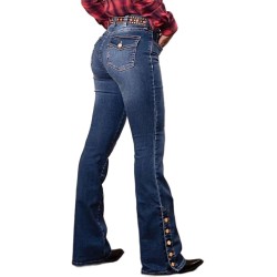 Flamingals Women's Buttoned Hem Bootcut Jeans Without Belt Mid Waist Casual Pants Navy Blue