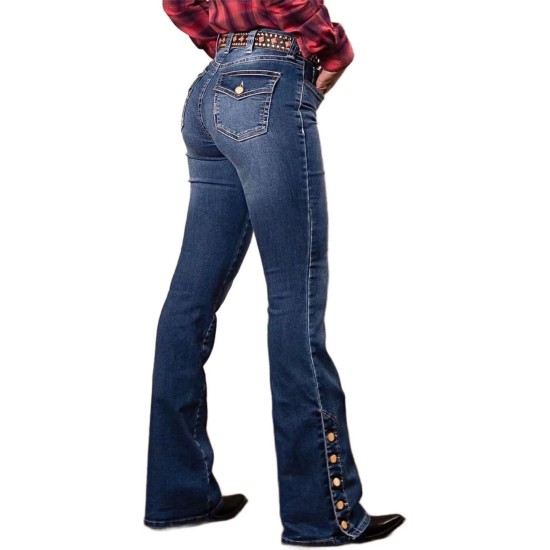 Flamingals Women's Buttoned Hem Bootcut Jeans Without Belt Mid Waist Casual Pants Navy Blue Flamingals Women's Buttoned Hem Bootcut Jeans Without Belt Mid Waist Casual Pants Navy Blue