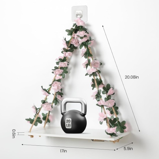 EXIN DECHEN Floating Shelves for Wall No Drilling,Wall Shelves,Hanging Shelf,Leaves and Light Strip with Flower,Set of 2 Plant Decor for Home Livingroom Bedroom,Led Room Decor Aesthetic,Gift