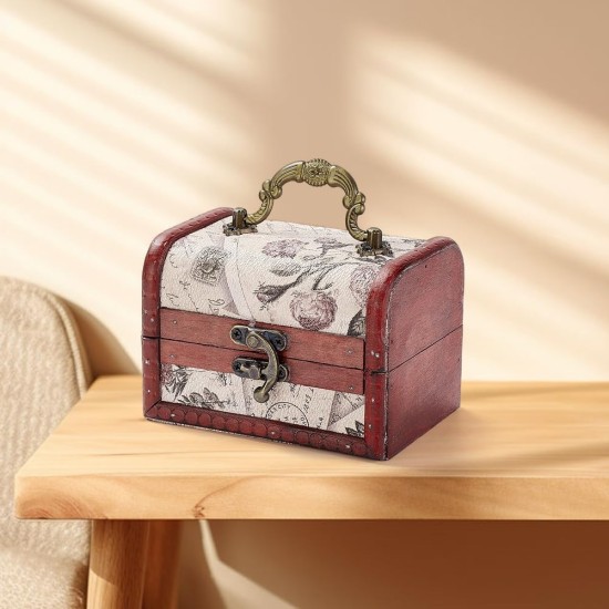 Retro Small Wooden Pirate Keepsake Box Vintage Treasure Chest Mini European Decorative PU Leather Jewelry Stroage Cases with Handle for Jewelry Pearl Trinkets Birthday Gifts