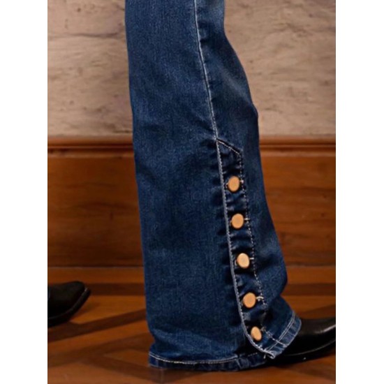 Flamingals Women's Buttoned Hem Bootcut Jeans Without Belt Mid Waist Casual Pants Navy Blue Flamingals Women's Buttoned Hem Bootcut Jeans Without Belt Mid Waist Casual Pants Navy Blue