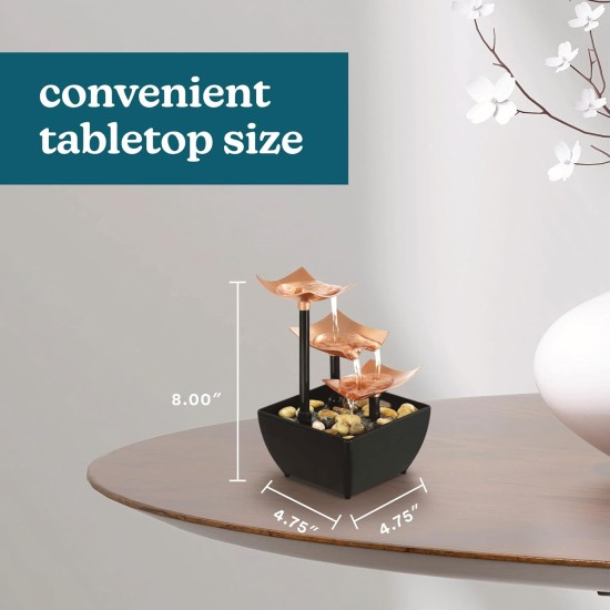 Homedics Golden Dew Relaxation Tabletop Water Fountain with 3 Tiers, Natural River Rocks, and a Quiet Pump for Soothing Zen Ambiance in Your Home or for Office Décor, Powered by 2 AA Batteries