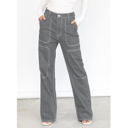 Dokotoo Women's Casual Mid Waist Cargo Jeans Stretch Button Wide Leg Denim Pants with Pockets