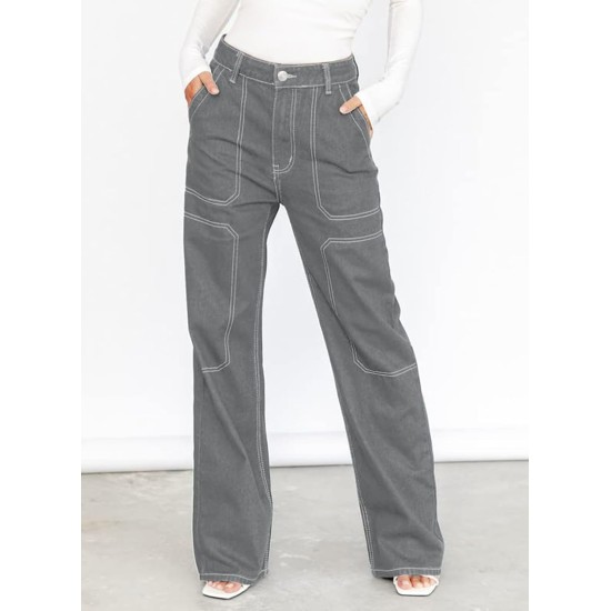 Dokotoo Women's Casual Mid Waist Cargo Jeans Stretch Button Wide Leg Denim Pants with Pockets Dokotoo Women's Casual Mid Waist Cargo Jeans Stretch Button Wide Leg Denim Pants with Pockets