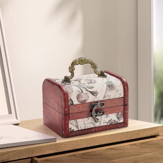 Retro Small Wooden Pirate Keepsake Box Vintage Treasure Chest Mini European Decorative PU Leather Jewelry Stroage Cases with Handle for Jewelry Pearl Trinkets Birthday Gifts