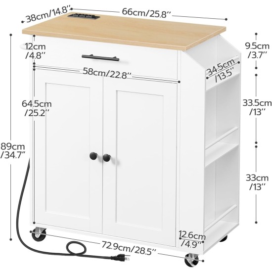 HOOBRO Kitchen Island with Power Outlet, Kitchen Storage Island with Spice Rack and Drawer, Rolling Kitchen on Wheels, for Home, Dining Room, Natural and White WN82UZD01G1
