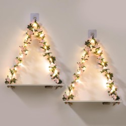 EXIN DECHEN Floating Shelves for Wall No Drilling,Wall Shelves,Hanging Shelf,Leaves and Light Strip with Flower,Set of 2 Plant Decor for Home Livingroom Bedroom,Led Room Decor Aesthetic,Gift