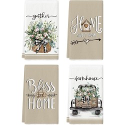Artoid Mode Eucalyptus Truck Flowers Basket Spring Kitchen Towels Dish Towels, 18x26 Inch Farmhouse Decoration Hand Towels Set of 4