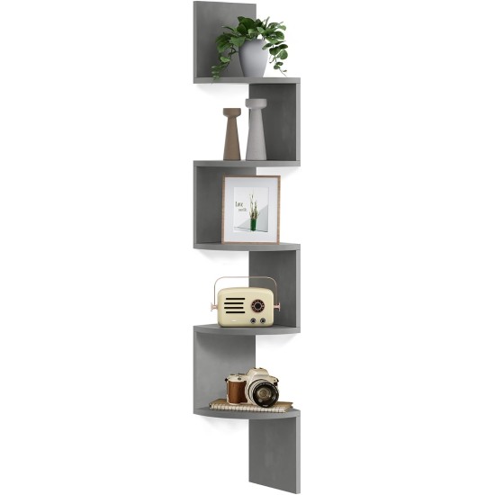 VASAGLE Corner Shelf Wall Mount, 5-Tier Floating Corner Bookshelf, Plant Shelf for Bedroom, Living Room, Bathroom, Home Office, Dove Gray