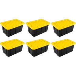 Sterilite 17 Gal Industrial Tote, Stackable Storage Bin with Snap-Fit Lid for Garage, Basement & Attic Storage, Black Base and Yellow Lily Lid, 6-Pack