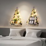 EXIN DECHEN Floating Shelves for Wall No Drilling,Wall Shelves,Hanging Shelf,Leaves and Light Strip with Flower,Set of 2 Plant Decor for Home Livingroom Bedroom,Led Room Decor Aesthetic,Gift