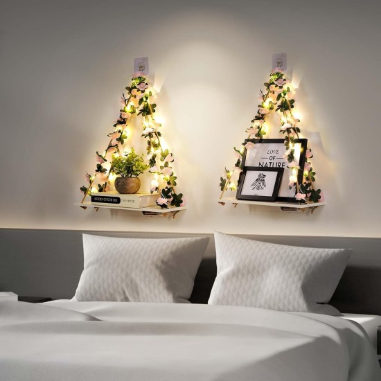 EXIN DECHEN Floating Shelves for Wall No Drilling,Wall Shelves,Hanging Shelf,Leaves and Light Strip with Flower,Set of 2 Plant Decor for Home Livingroom Bedroom,Led Room Decor Aesthetic,Gift