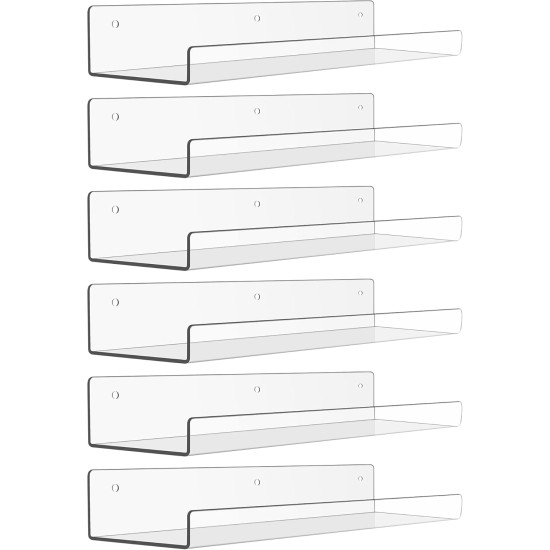 upsimples 6 Pack Acrylic Shelves for Wall Storage, 15" x 4“ Floating Bookshelves for Kids, Display Shelf Organizer for Bathroom, Bedroom, Living Room, Kitchen, Room Decor, Clear
