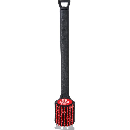 Kingsford Grill Cleaning Brush with Nylon Bristles and Scraper, Heavy Duty BBQ Grill Cleaner Tool with Rubber Handle and Bottle Opener, Outdoor Grill Brush for Cooled Grates, 17 Inch