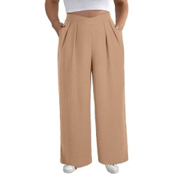 Eytino Womens Plus Size Wide Leg Pants Crossover Waist Pleated Front Casual Work Pants Lounge Trouser with Pockets(1X-5X)