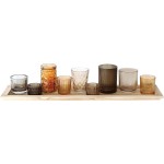 Wood Tray with 9 Brown Glass Votive Holders (Set of 10 Pieces)