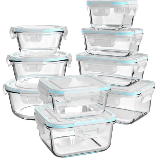Glass Food Storage Containers with Lids, [18 Piece] Glass Meal Prep Containers, Containers for Food Storage with Lids, BPA Free & Leak Proof (9 Lid & 9 Container)