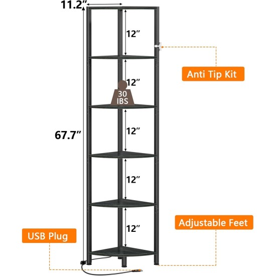 Furnulem 6 Tier Corner Shelf with LED Light, 67.5” Tall Standing Shelf Organizer, Black Narrow Bookshelf with Storage Rack for Wall Corner, Living Room, Bedroom, Metal Frame, Wood Display Shelf