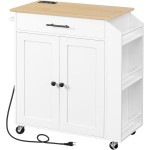 HOOBRO Kitchen Island with Power Outlet, Kitchen Storage Island with Spice Rack and Drawer, Rolling Kitchen on Wheels, for Home, Dining Room, Natural and White WN82UZD01G1