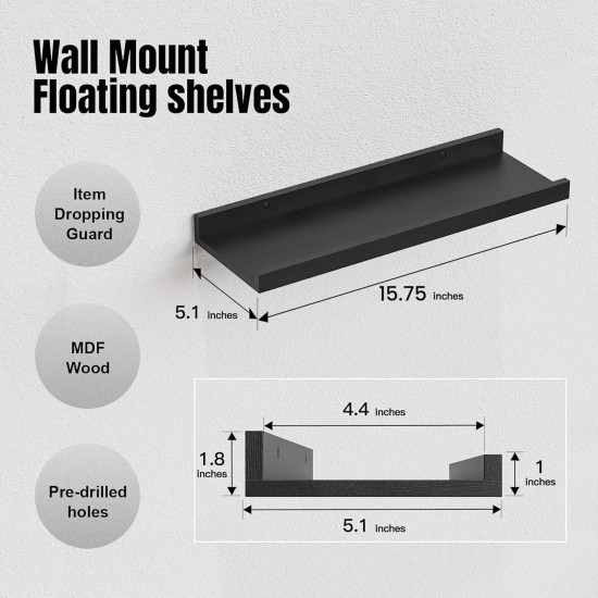 RICHER HOUSE 5 Set Floating Wall Mounted Shelves, Black Shelves for Wall Decor, Modern Picture Ledge Shelf with Lip for Storage, Nursery, Bedroom, Living Room, Bathroom - Black