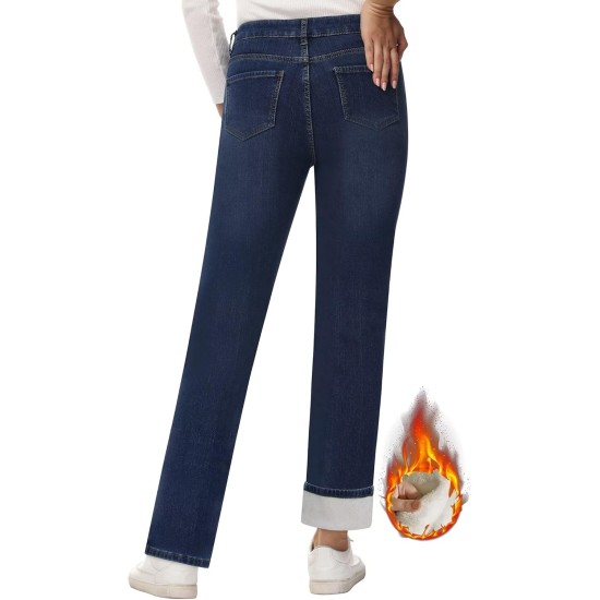 KDF Women's Fleece Lined Jeans Women Straight Leg Winter Fleece Lined Pants High Waist Lined Jeans Heated Wide Leg Jeans