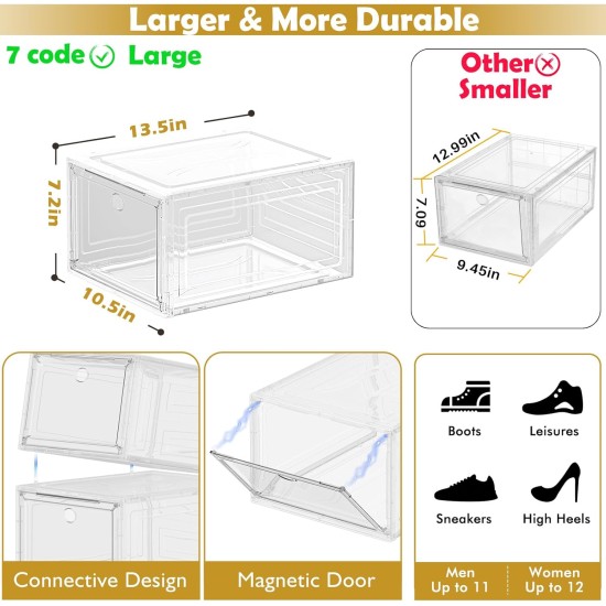 12 Pack Clear Shoe Storage Organizer with Magnetic Door,Stackable Plastic Shoe Boxes for Sneakers,Boots,and Heels,Space-Saving Foldable Shoe Rack for Closet,Durable Shoe Cabinet Organizer,White