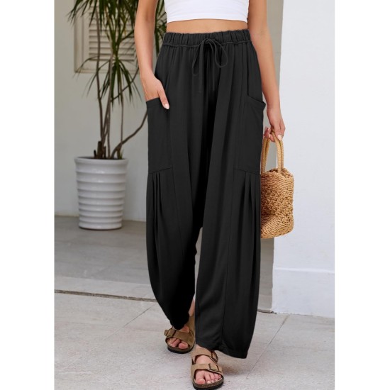Duyang Women Linen Wide Leg Pants Casual Summer Palazzo Pants Beach Vacation Outfits Flowy Loose Trousers with Pockets