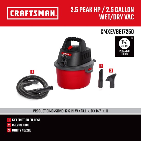 CRAFTSMAN CMXEVBE17250 2.5 Gallon 2.5 Peak HP Wet Dry Vac, Portable Shop Vacuum Wet and Dry with Filter Bag, Hose and Attachments for Cleaning in the Home