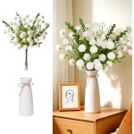 12pcs White Artificial Flowers with White Ceramic Vase Included,Fake Flowers in Vase,Table Centerpieces for Dining Room Eucalyptus Faux Chrysanthemum Mums Silk Flowers Floral Arrangements Home Decor