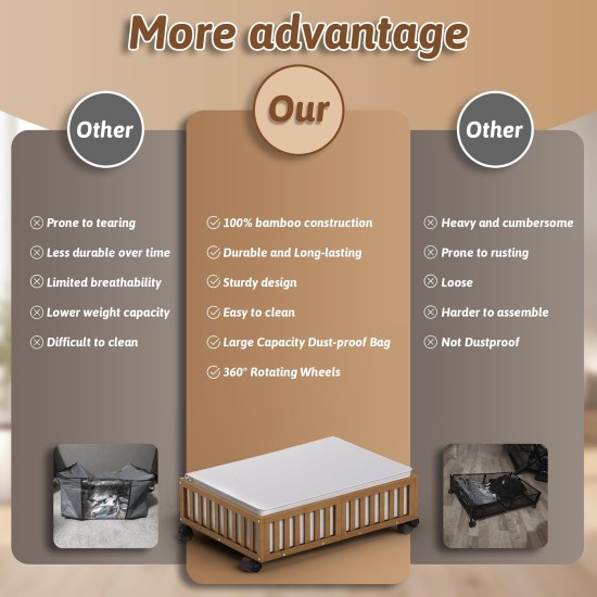 Under Bed Storage Containers with Wheels, 2 Pack Bamboo Under the Bed Shoe Storage Bins, Wood Rolling Underbed Drawers Organizer for Bedroom, Closet Clothes Blanket Comforter Under Crib Toy Walunt