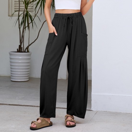 Duyang Women Linen Wide Leg Pants Casual Summer Palazzo Pants Beach Vacation Outfits Flowy Loose Trousers with Pockets