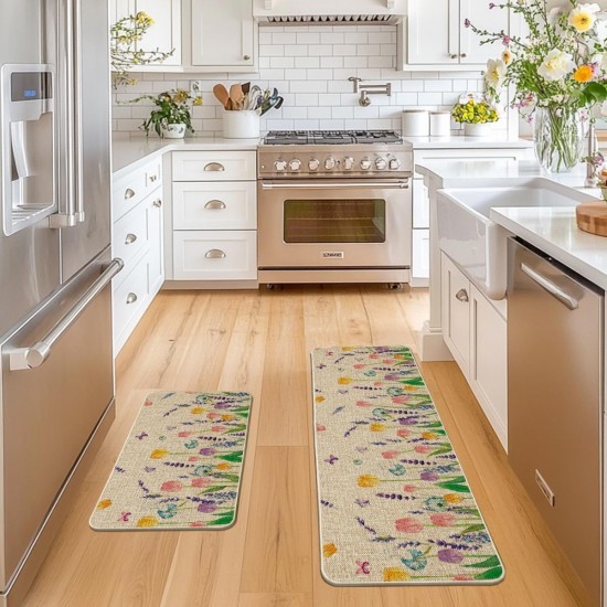 Artoid Mode Lavender Tulip Spring Kitchen Mats Set of 2, Seasonal Flower Summer Home Decor Low-Profile Kitchen Rugs for Floor - 17x29 and 17x47 Inch