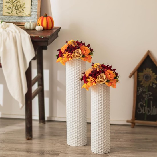 Sziqiqi White Tall Vases for Floor: 27.6/21.7in Metal Cylinder Handmade Flower Holder Extra Large Decorative Vase Set of 2 Modern Honeycomb Texture Big Standing Vase for Living Room Home Corner