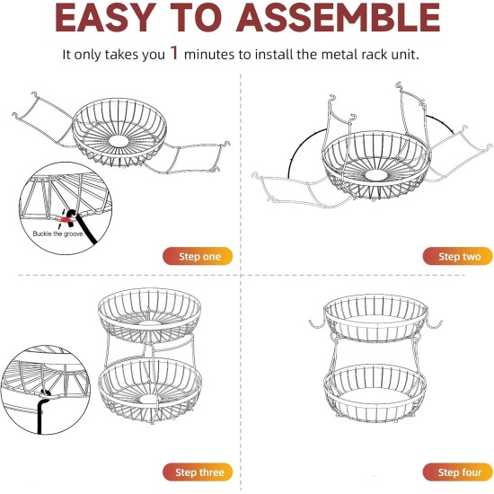 2 Tier Large Fruit Basket for Kitchen Counter with 2 Banana Hangers, Metal Stackable Fruit Bowl for Kitchen Counter for Bread Vegetable Fruits, Black