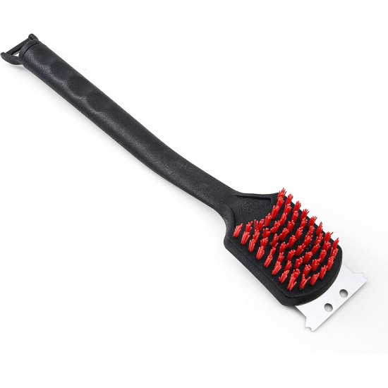 Kingsford Grill Cleaning Brush with Nylon Bristles and Scraper, Heavy Duty BBQ Grill Cleaner Tool with Rubber Handle and Bottle Opener, Outdoor Grill Brush for Cooled Grates, 17 Inch