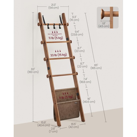 VASAGLE Blanket Ladder for Living Room, 5-Tier Wooden Ladder Shelf, Decorative Farmhouse Blanket Rack with Synthetic Leather Bag, Metal Hooks, Side Hooks, for Bedroom, Caramel Brown ULLS022K01