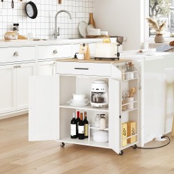 HOOBRO Kitchen Island with Power Outlet, Kitchen Storage Island with Spice Rack and Drawer, Rolling Kitchen on Wheels, for Home, Dining Room, Natural and White WN82UZD01G1