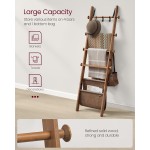 VASAGLE Blanket Ladder for Living Room, 5-Tier Wooden Ladder Shelf, Decorative Farmhouse Blanket Rack with Synthetic Leather Bag, Metal Hooks, Side Hooks, for Bedroom, Caramel Brown ULLS022K01