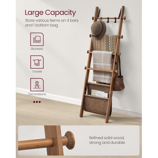 VASAGLE Blanket Ladder for Living Room, 5-Tier Wooden Ladder Shelf, Decorative Farmhouse Blanket Rack with Synthetic Leather Bag, Metal Hooks, Side Hooks, for Bedroom, Caramel Brown ULLS022K01