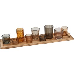 Wood Tray with 9 Brown Glass Votive Holders (Set of 10 Pieces)